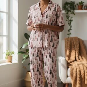 Amanda Blu Women’s Pink Confers Pajama Set Short Notch Collar Pink Brown Size 2X